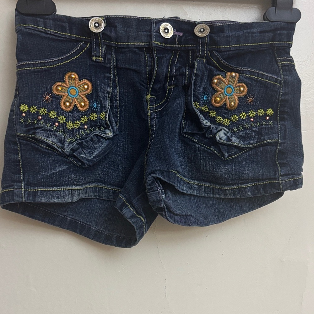 Embroidered Denim Shorts with Floral Accents